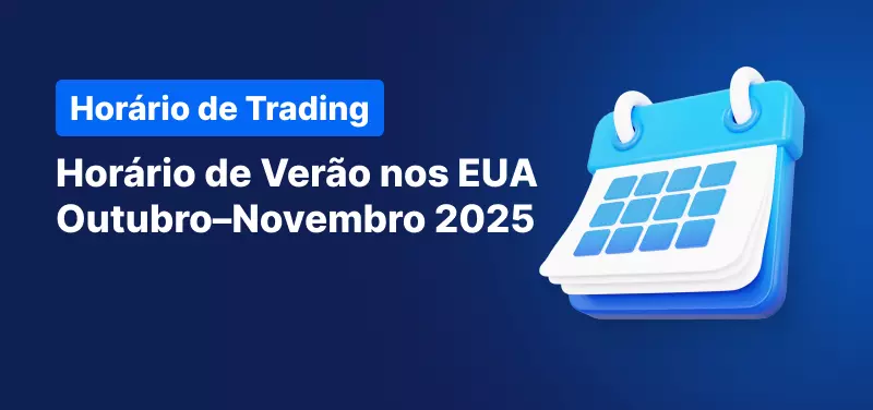 Calendário sobre fundo azul, com texto em branco que diz: “Horário de Verão nos EUA – Outubro-Novembro de 2025”
