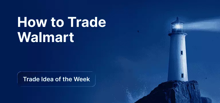 Lighthouse on a rocky cliff at night casting a bright beam over the ocean, with ‘How to Trade Walmart’ and ‘Trade Idea of the Week’ text overlay.