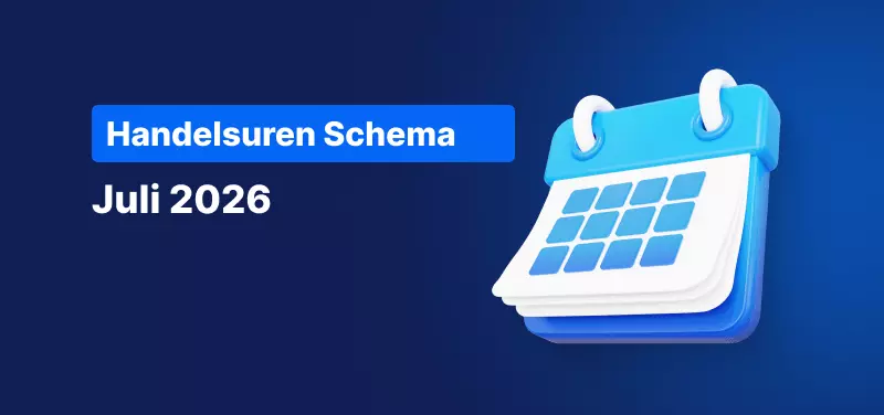Blauwe achtergrond met een kalender en de tekst: Handelsuren Schema Juli 2026.