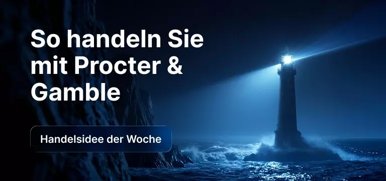 Grafik zur Handelsidee der Woche: So handeln Sie mit Procter & Gamble, mit Leuchtturm-Motiv im Hintergrund.