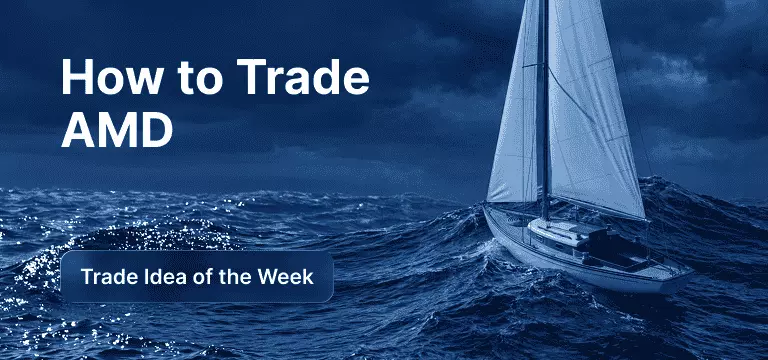 Calmly sailing boat on a peaceful ocean under a clear sky, with ‘How to Trade AMD’ and ‘Trade Idea of the Week’ text overlay.
