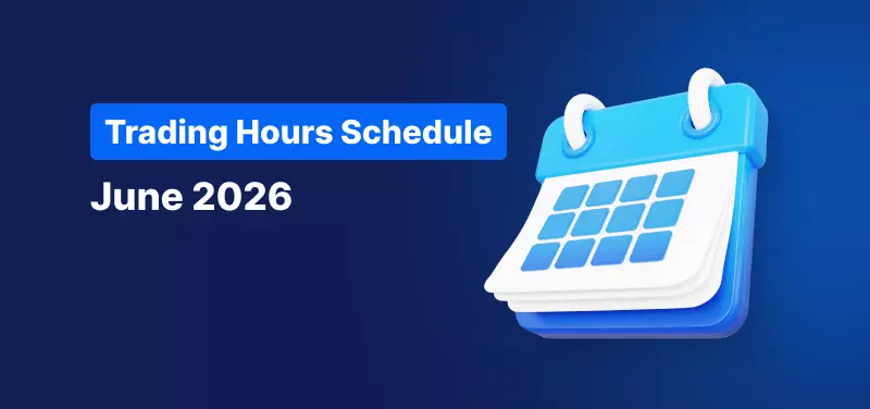 Calendar on a blue background, white text reads "Trading Hours Schedule June 2026".