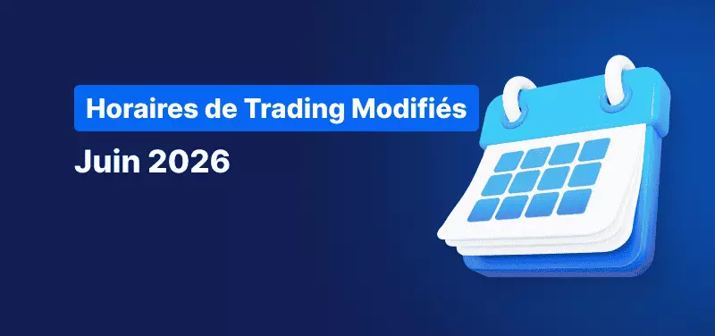 Un calendrier sur fond bleu, avec le texte en blanc : « Calendrier des horaires de trading de juin 2026 ».