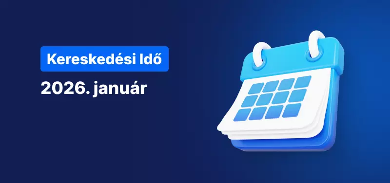 Naptár kék háttéren, fehér szöveggel: „Kereskedési időrend január 2026”.