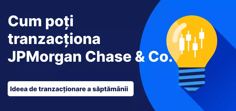 Bec cu bare lumânare în interior pe un fundal albastru, text: „Cum să tranzacționezi JPMorgan Chase & Co. Ideea de tranzacționare a săptămânii”