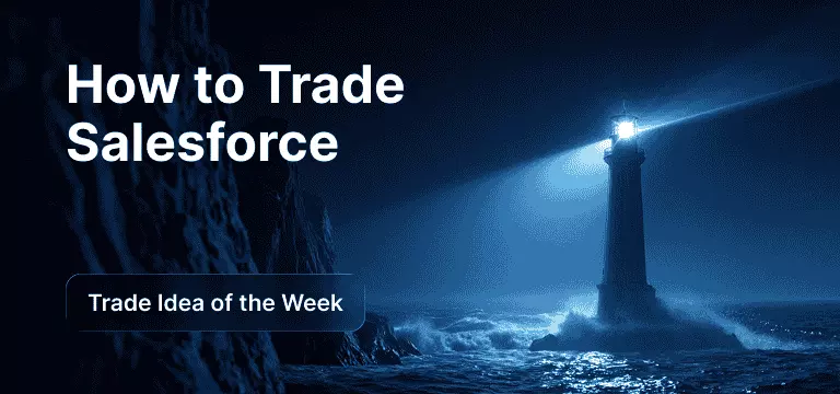 Lighthouse on a rocky cliff at night casting a bright beam over the ocean, with ‘How to Trade Salesforce’ and ‘Trade Idea of the Week’ text overlay.