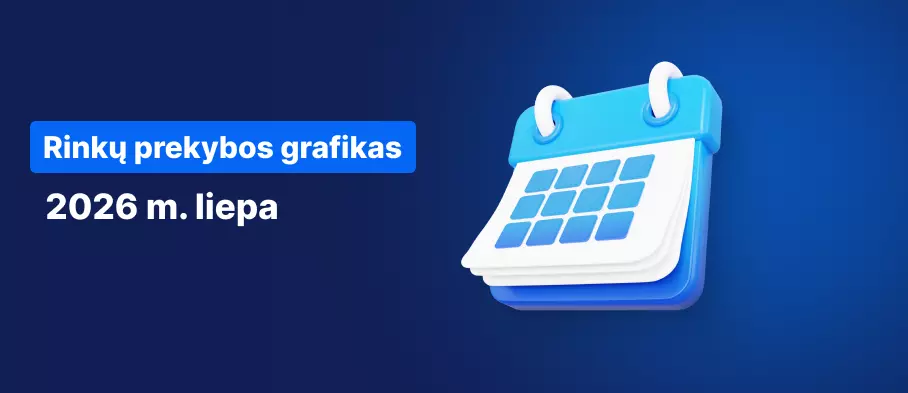 Kalendorius mėlyname fone, baltas tekstas skelbia „Prekybos valandų tvarkaraštis 2026 m. liepos mėn.“.
