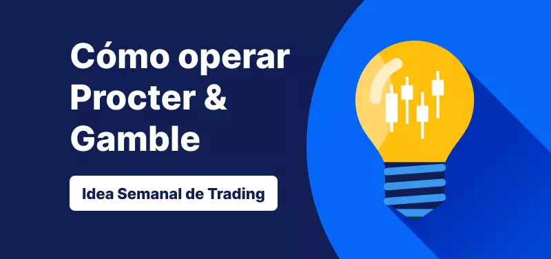 Bombilla con un gráfico de velas en su interior sobre un fondo azul y el texto «Cómo operar con PG: Idea de 'trading' de la semana».