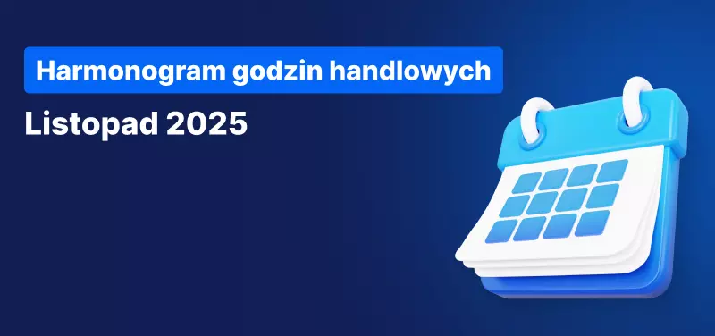 Kalendarz na niebieskim tle, biały tekst brzmi „Harmonogram Godzin Handlu Listopad 2025”.
