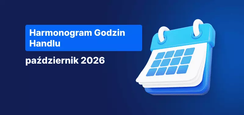 Ikona kalendarza, biały tekst o treści: „Harmonogram godzin handlu – październik 2026”.