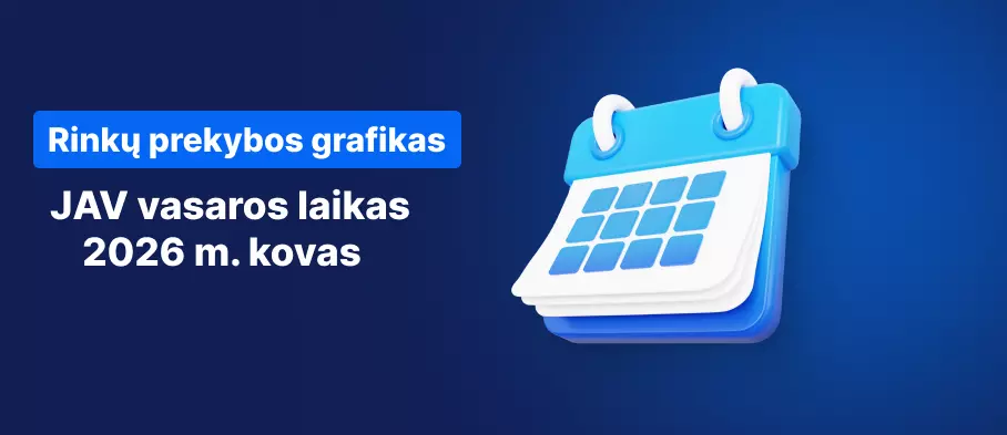 Kalendorius mėlyname fone, baltu tekstu parašyta „JAV vasaros laikas 2026 m. kovas“.