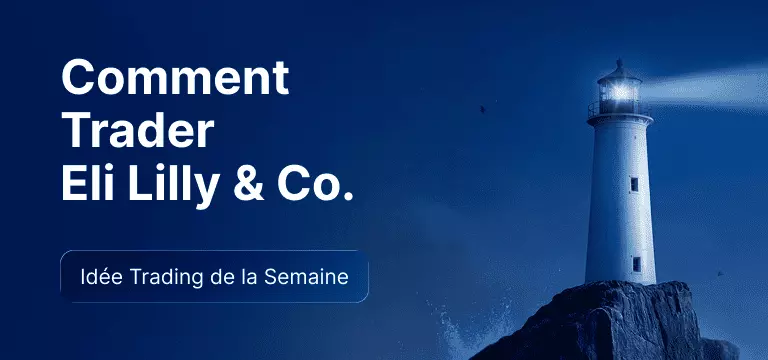 Un phare éclairant la mer, avec le texte en blanc : « Comment trader l'action Eli Lilly & Co. »