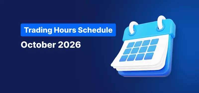 A calendar icon, white text reads "Trading Hours Schedule October 2026".