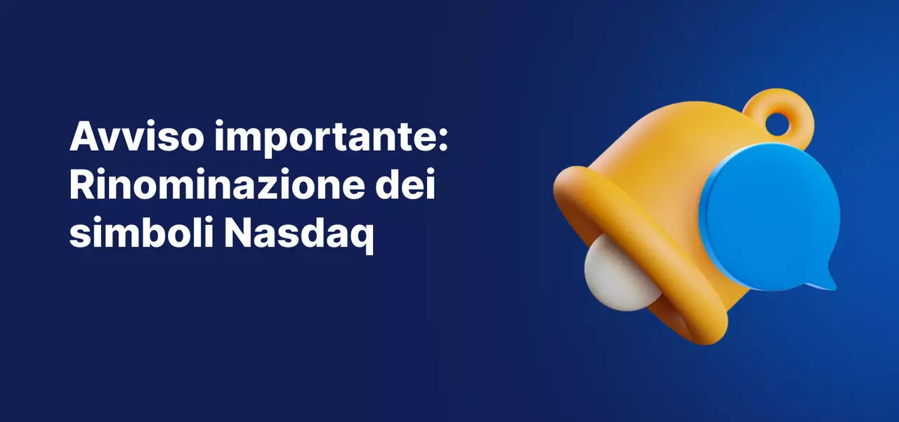 Sfondo blu con immagine di una campana e la scritta in bianco:"Rinominazione dei simboli Nasdaq".