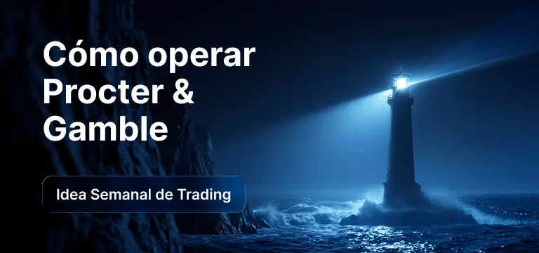 Bombilla con un gráfico de velas en su interior sobre un fondo azul y el texto «Cómo operar con PG: Idea de 'trading' de la semana».