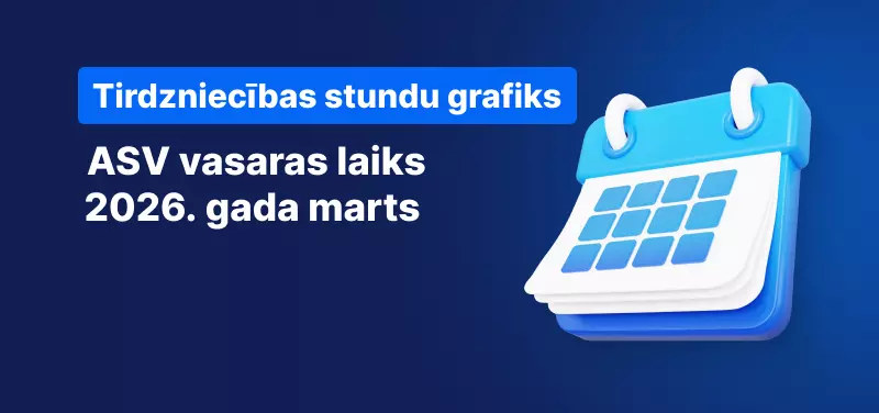 Kalendārs uz zila fona, balts teksts vēsta: "ASV vasaras laiks 2026. gada marts".
