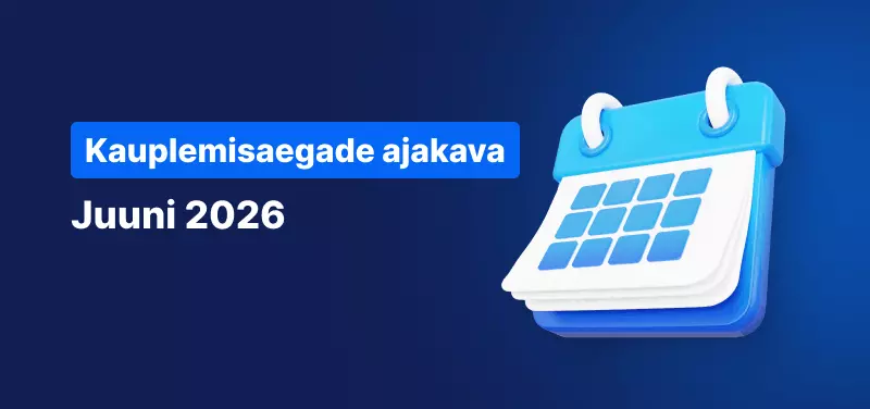Kalender sinisel taustal, valge tekstiga „Kauplemisaegade graafik juuni 2026”.