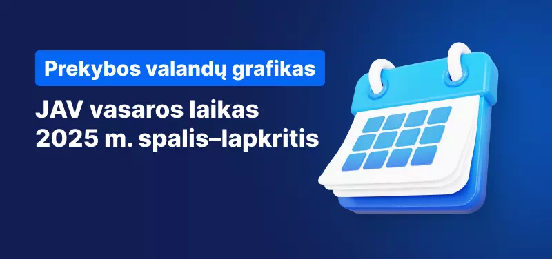 Kalendorius mėlyname fone, baltas tekstas „JAV vasaros laikas 2025 m. spalis–lapkritis“.