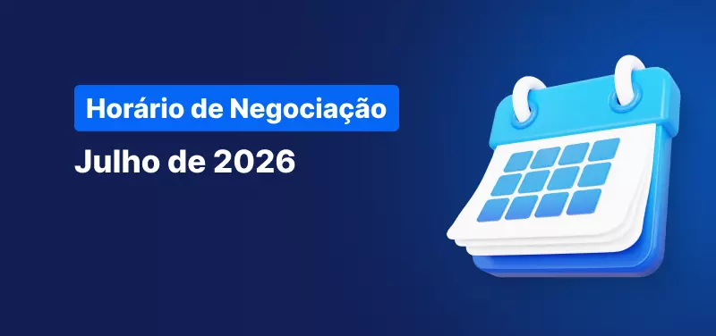Calendário sobre um fundo azul, com o texto a branco: "Horário de Negociação – Julho de 2026".