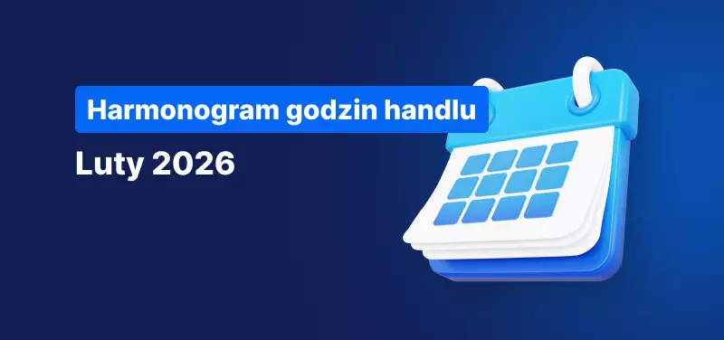 Kalendarz na niebieskim tle, biały tekst głosi „Harmonogram Godzin Handlu Luty 2026”.