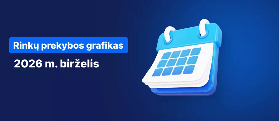 Kalendorius mėlyname fone, baltas tekstas skelbia „Prekybos valandų grafikas 2026 m. birželio mėn.“.