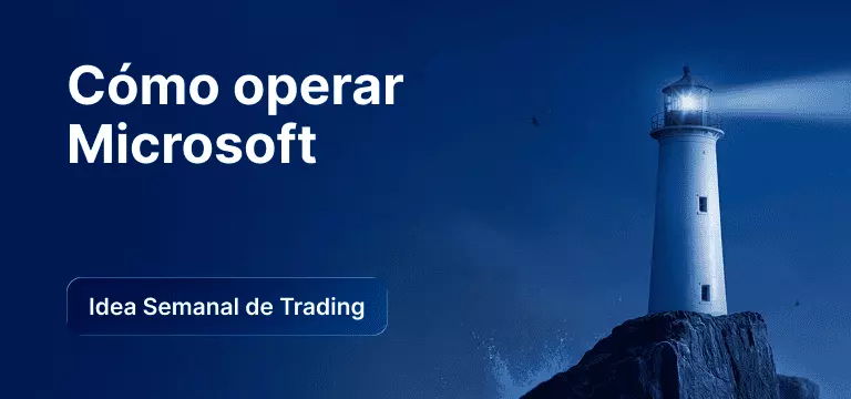 Un faro en un acantilado rocoso de noche que proyecta un brillante haz de luz sobre el océano, con el texto superpuesto «Cómo operar las acciones de Microsoft» e «Idea de trading de la semana».