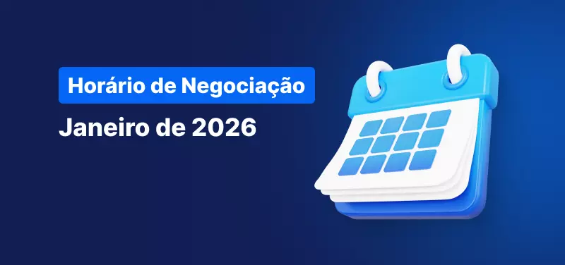 Calendário em fundo azul, com o texto branco a indicar "Horário de Negociação Janeiro de 2026".