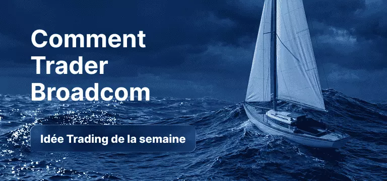 Ampoule contenant des chandeliers japonais sur fond bleu, avec le texte : « Comment trader l'action Broadcom : l'idée de trading de la semaine ».