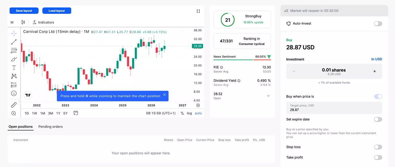 Comment trader l'action Carnival Corp sur la plateforme Admirals.