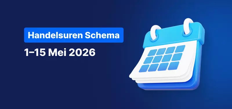 Blauwe achtergrond met een kalender en de tekst:"Handelsuren Schema, 1–15 Mei 2026".