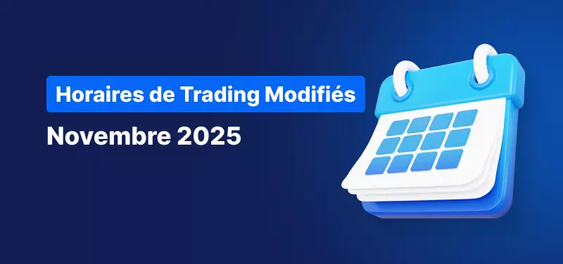 Calendrier sur fond bleu, texte blanc indiquant « Horaires de Trading novembre 2025 ».
