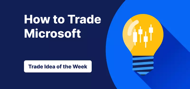 Light bulb with candlestick bars inside it against a blue background, text: ‘How to Trade Microsoft. Trade Idea of the Week’.