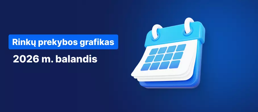 Kalendorius mėlyname fone, baltas tekstas skelbia „Prekybos valandų tvarkaraštis 2026 m. balandžio mėn.“.