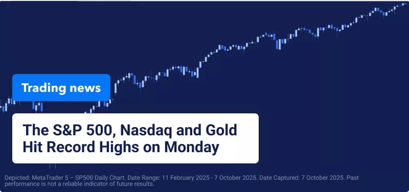 Gráfico de negociação em fundo azul, o texto diz: "O S&P 500, Nasdaq e Ouro Atingiram Máximos Recorde na Segunda-feira".