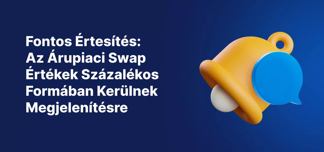 Egy harang kék háttéren, a fehér szöveg a következő: „Fontos értesítés: Az árutőzsdei termékek swap értékeinek megjelenítése százalékos formátumra változik”.