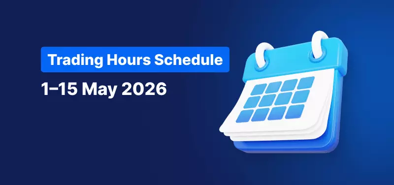 Calendar on a blue background, white text reads "Trading Hours Schedule 1st to 15th May 2026.".