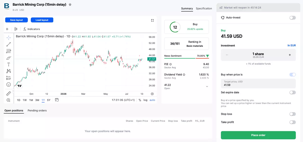 Trading Barrick Mining in the Admirals Platform.
