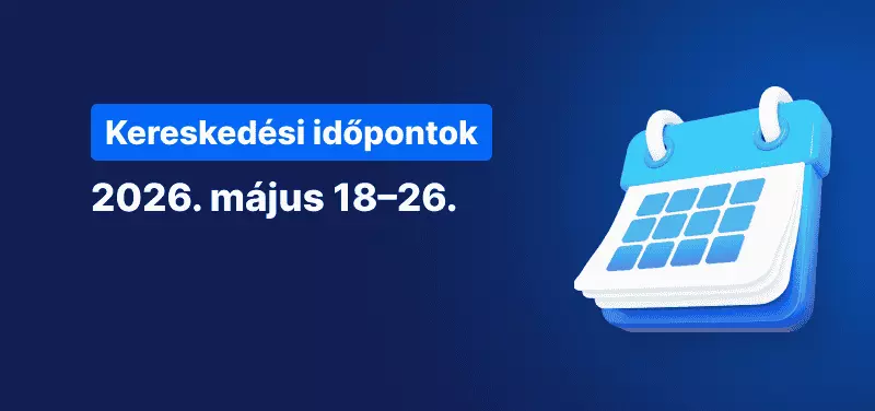 Naptár kék háttérrel, rajta fehér szöveg: „Kereskedési órák rendje, 2026. május 18-tól 26-ig”.