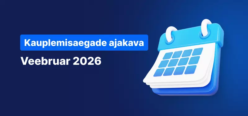 Kalender sinisel taustal, valge tekstiga on kirjas "Kauplemisaegade Graafik Veebruar 2026".