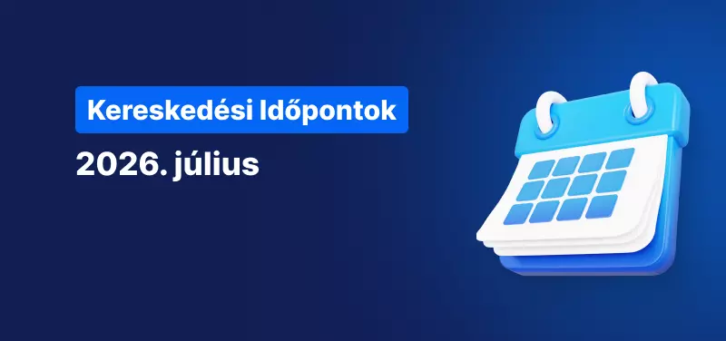 Naptár kék háttérrel, fehér szöveggel: „Kereskedési időrend – 2026. július”.