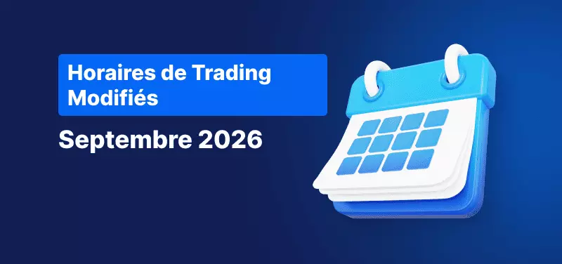 Une icône de calendrier avec un texte blanc en arrière-plan indiquant « Horaires de trading septembre 2026 ».