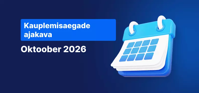 Kalendriikoon, valge tekst kirjaga „Kauplemisaegade graafik oktoobris 2026“.