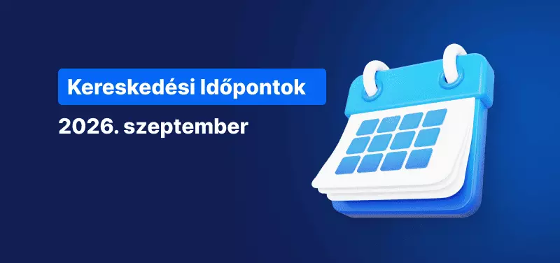 Egy naptár ikon, amelynek hátterében fehér színű, „Kereskedési rend – 2026. szeptember” felirat látható.