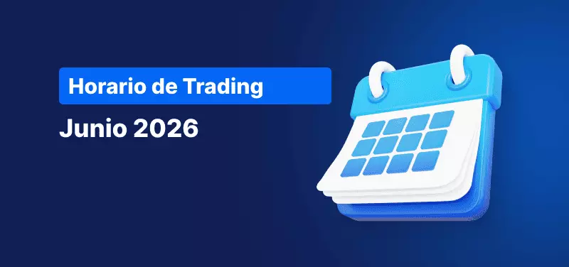Calendario sobre un fondo azul, con el texto en blanco «Horario de trading de junio de 2026».