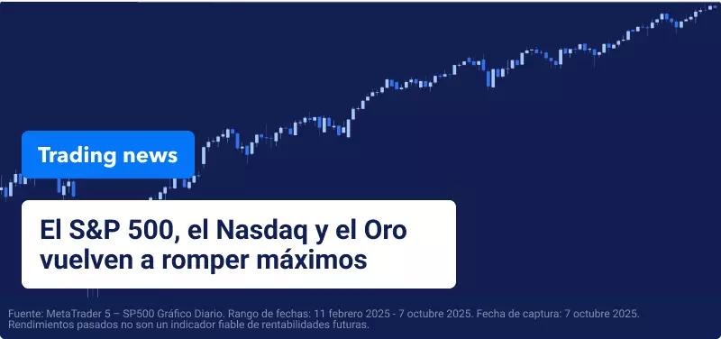 Gráfico bursátil sobre fondo azul, el texto reza: "El S&P 500, Nasdaq y Oro Alcanzaron Máximos Históricos el Lunes".