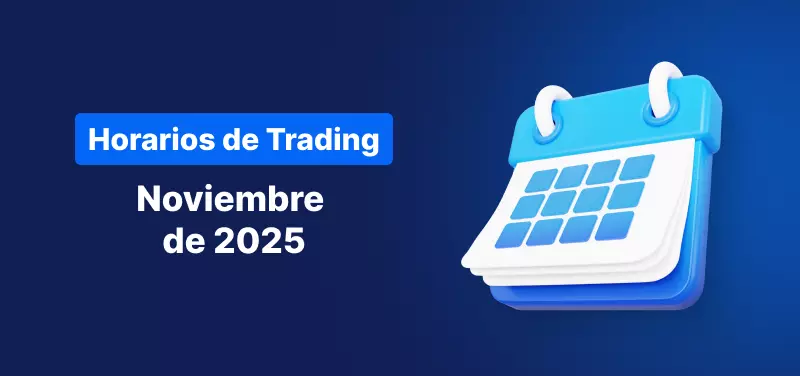 Calendario sobre un fondo azul, con texto blanco que dice «Horario de Trading Noviembre 2025».
