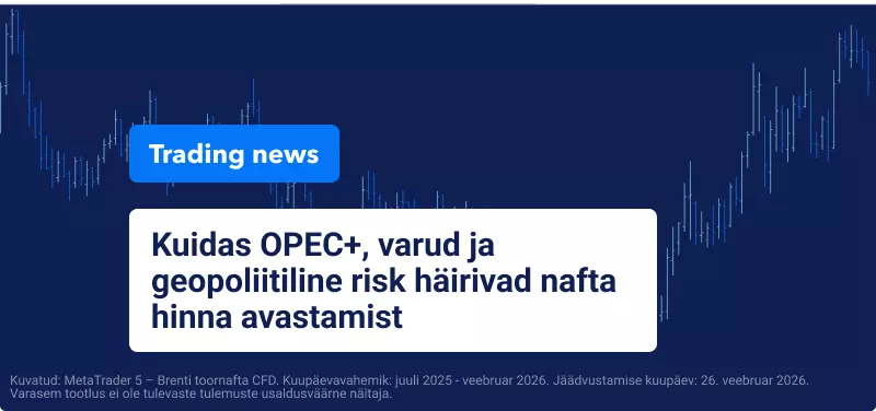 Brenti toornafta CFD graafik koos peal asetseva tekstiga: „Kuidas OPEC+, varud ja geopoliitika häirivad nafta hinna kujunemist”.