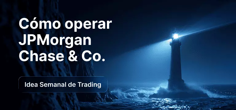 Un faro ilumina las olas de un mar embravecido durante la noche, con el texto superpuesto «Cómo operar con JPMorgan Chase» e «Idea de 'trading' de la semana».