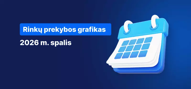 Kalendoriaus piktograma, baltas tekstas skelbia: „Rinkų prekybos grafikas - 2026 m. spalis“.