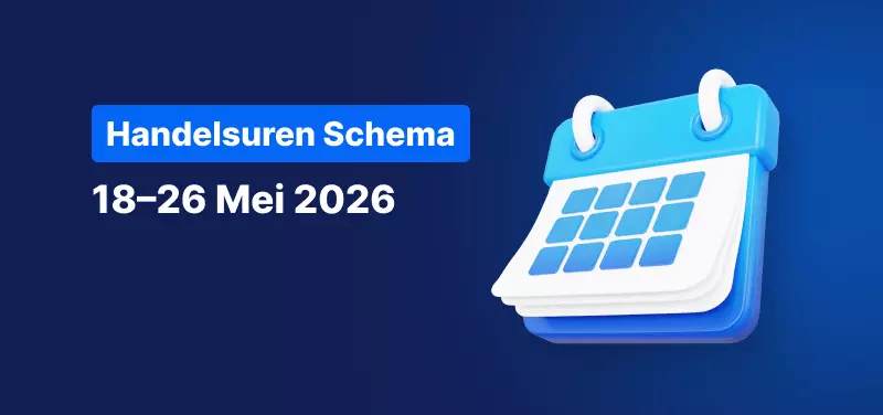 Blauwe achtergrond met een kalender en de tekst: Handelsuren Schema 18–26 Mei 2026.
